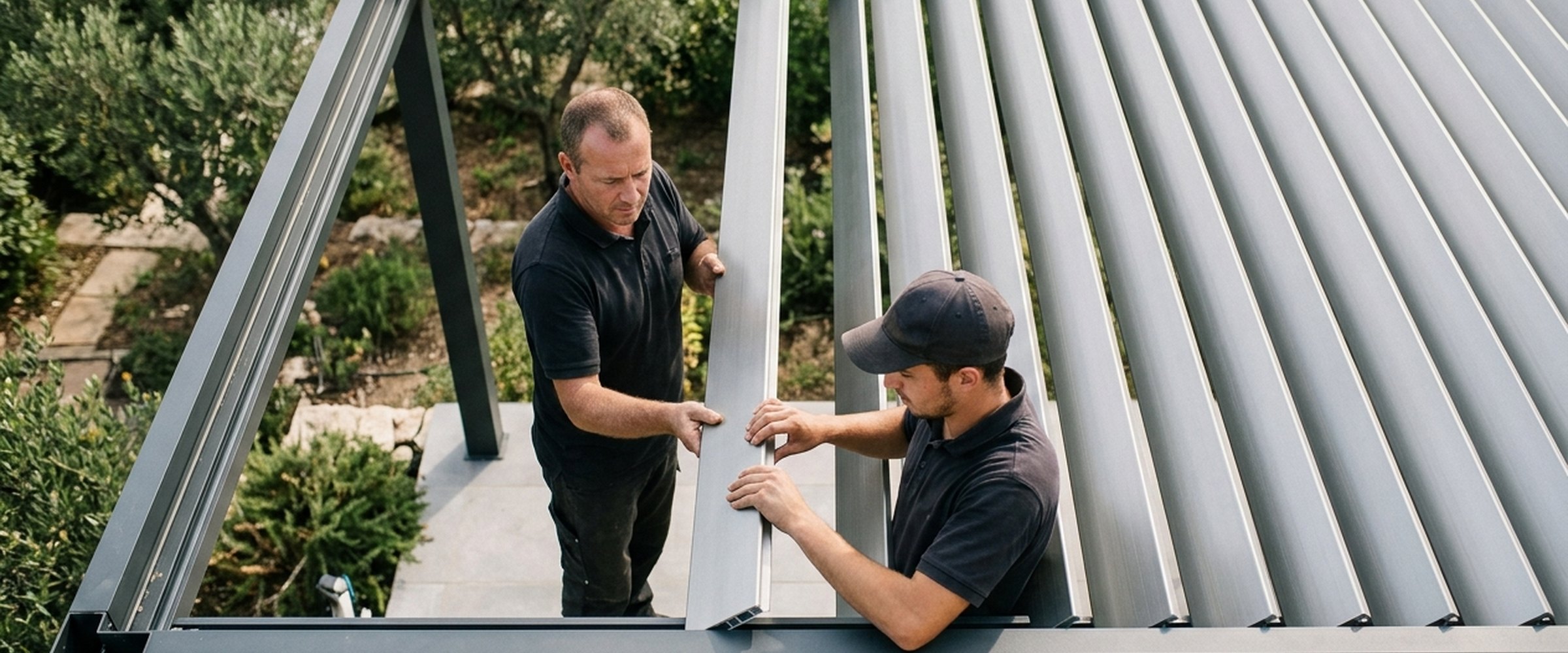 Deux installateurs posant une véranda en aluminium
